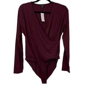 Ann Taylor Factory Women's Bodysuit V Neck Long Sleeves Blouse Maroon Size Large